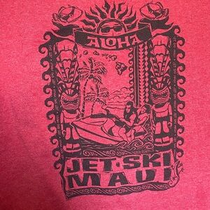Vintage Hawaiian Design Red Cotton Graphic Tee with Jet Ski Maui Graphic M